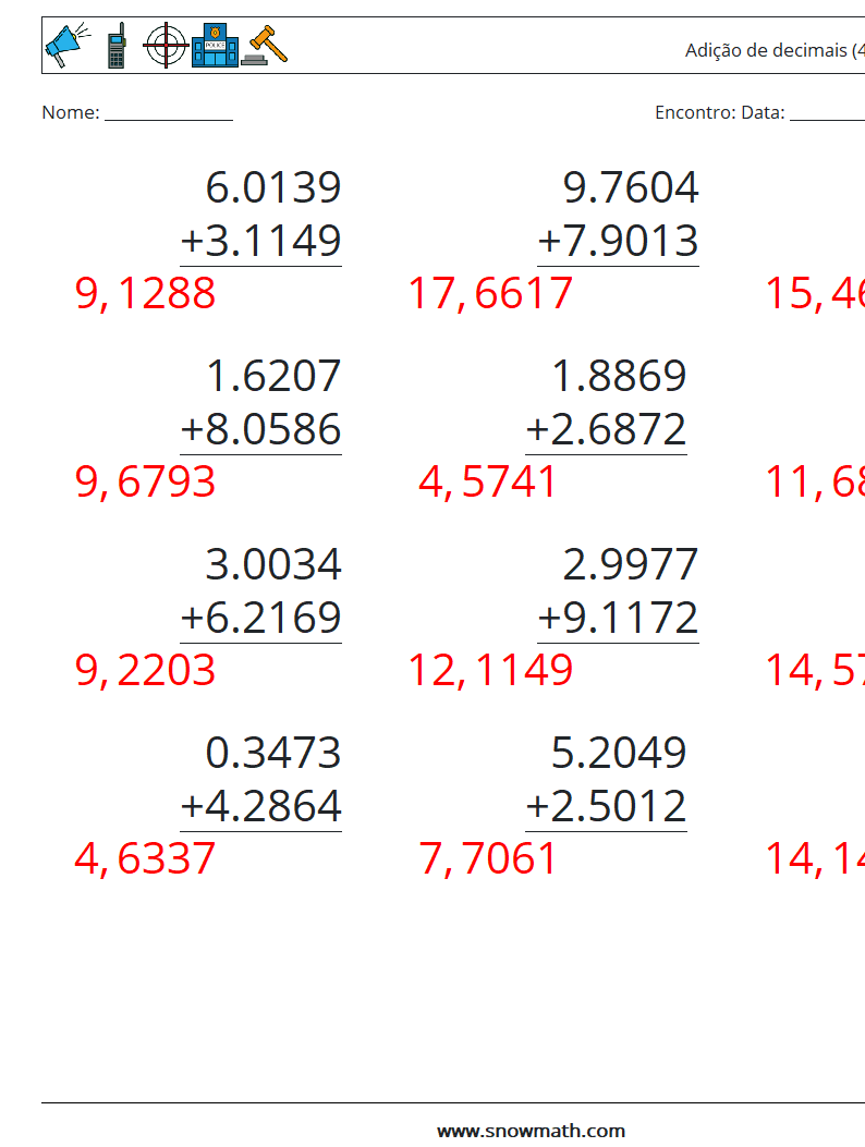 (12) Adição de decimais (4 dígitos) planilhas matemáticas 17 Pergunta, Resposta