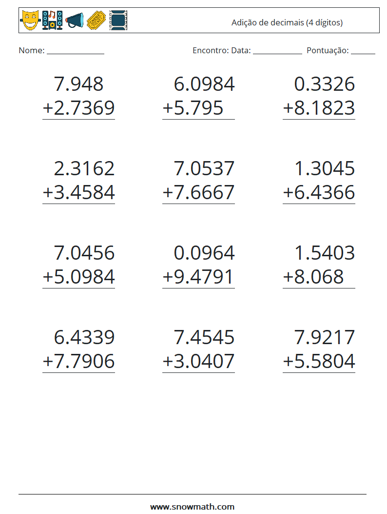 (12) Adição de decimais (4 dígitos) planilhas matemáticas 18