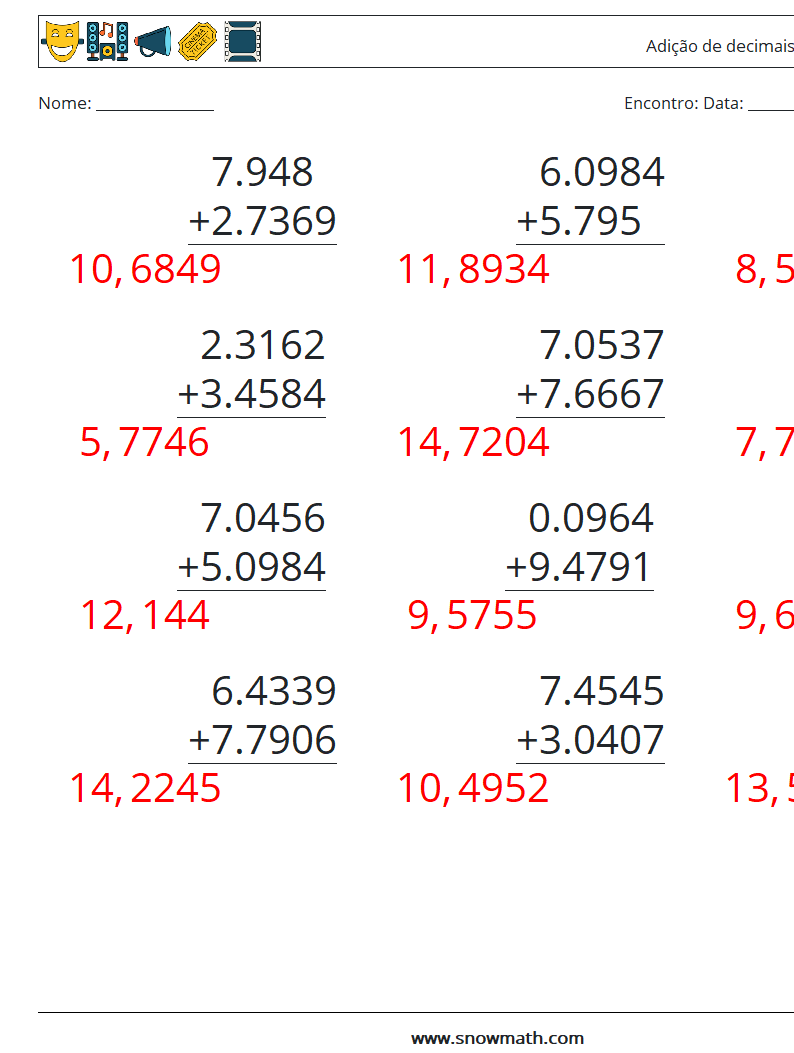 (12) Adição de decimais (4 dígitos) planilhas matemáticas 18 Pergunta, Resposta