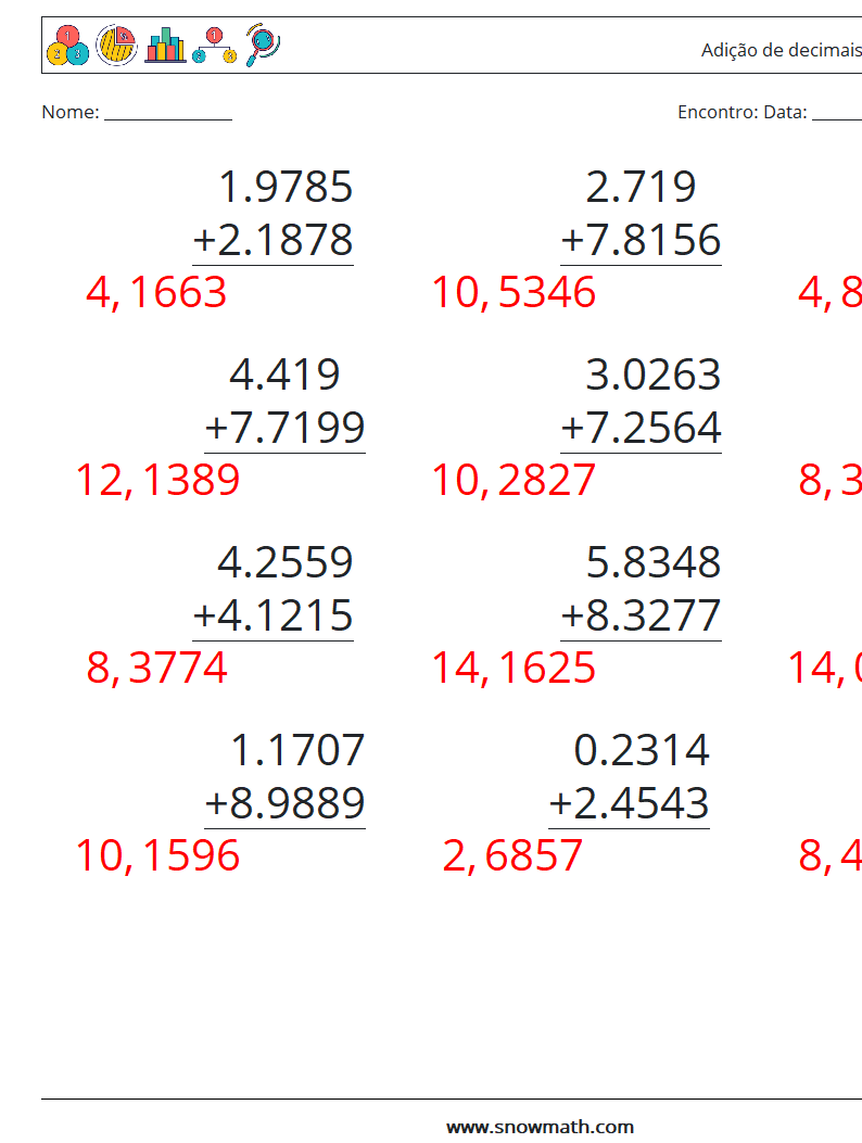 (12) Adição de decimais (4 dígitos) planilhas matemáticas 1 Pergunta, Resposta