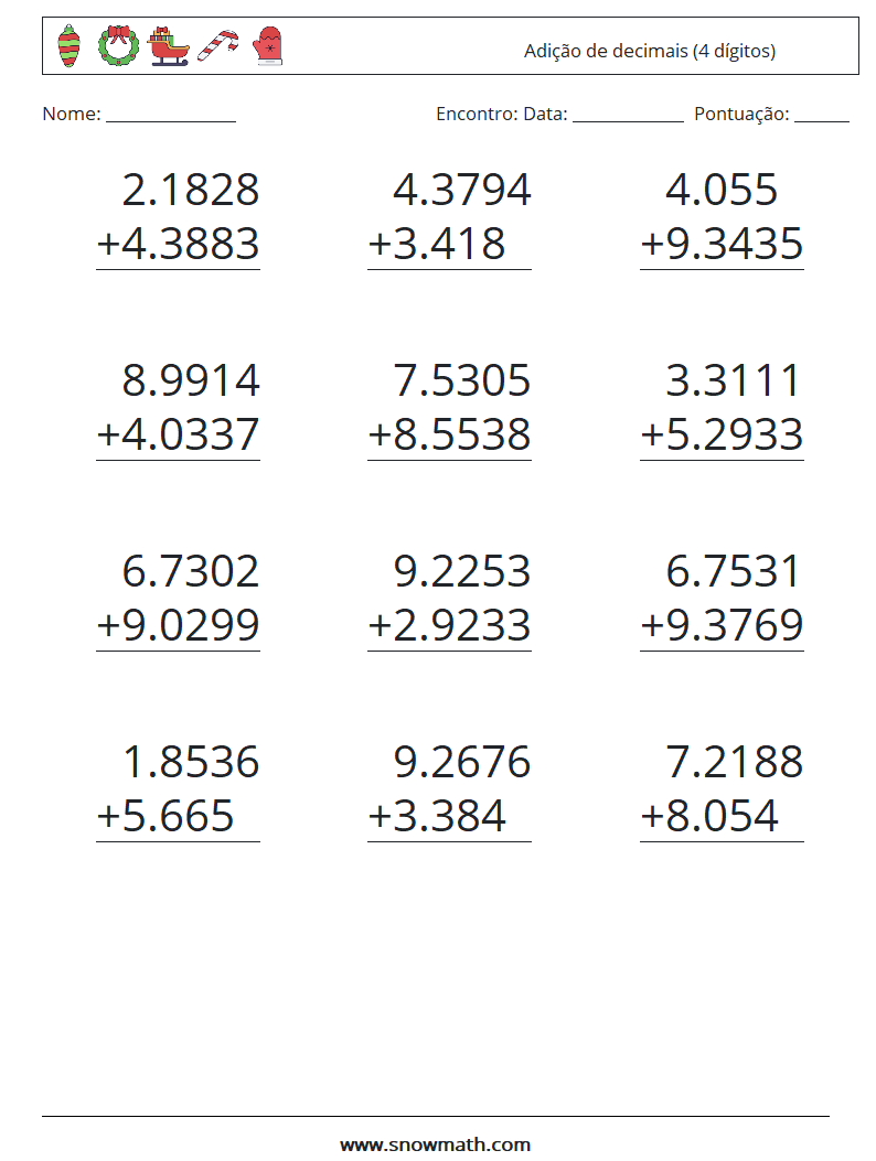 (12) Adição de decimais (4 dígitos) planilhas matemáticas 2