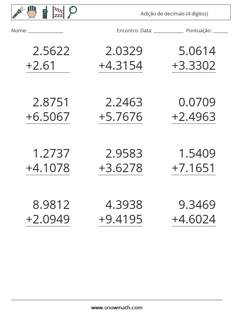 (12) Adição de decimais (4 dígitos) planilhas matemáticas 3