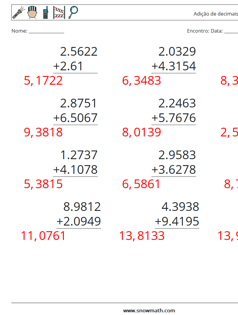 (12) Adição de decimais (4 dígitos) planilhas matemáticas 3 Pergunta, Resposta