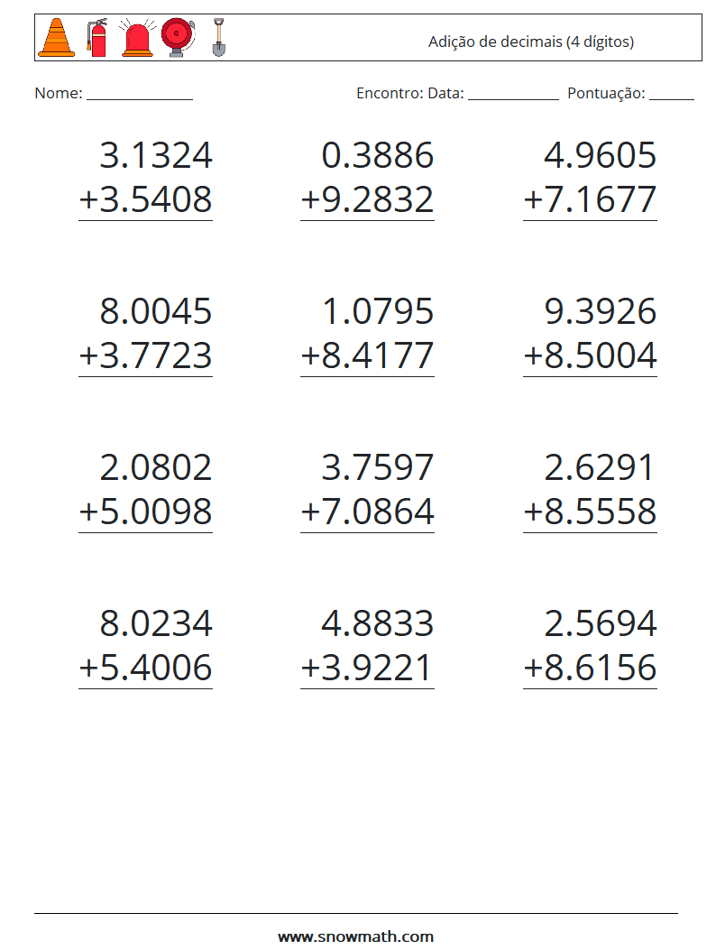 (12) Adição de decimais (4 dígitos) planilhas matemáticas 4