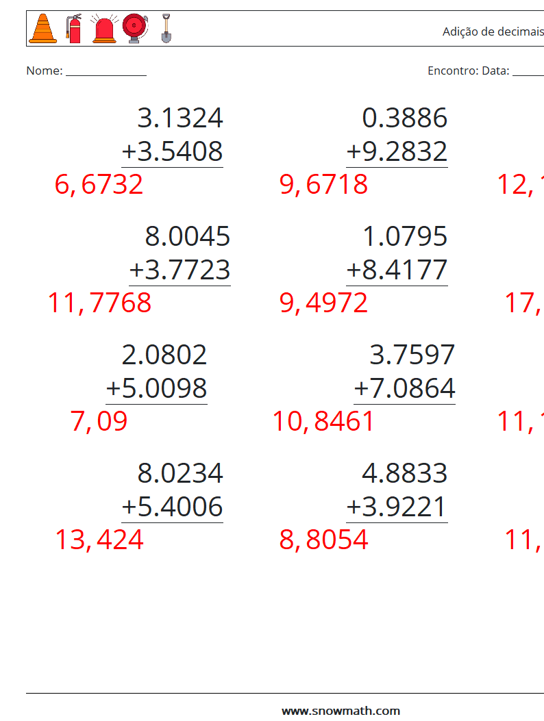 (12) Adição de decimais (4 dígitos) planilhas matemáticas 4 Pergunta, Resposta