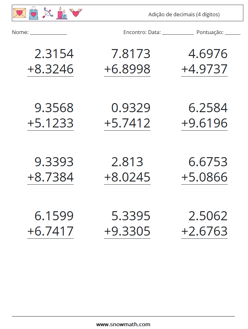 (12) Adição de decimais (4 dígitos) planilhas matemáticas 5