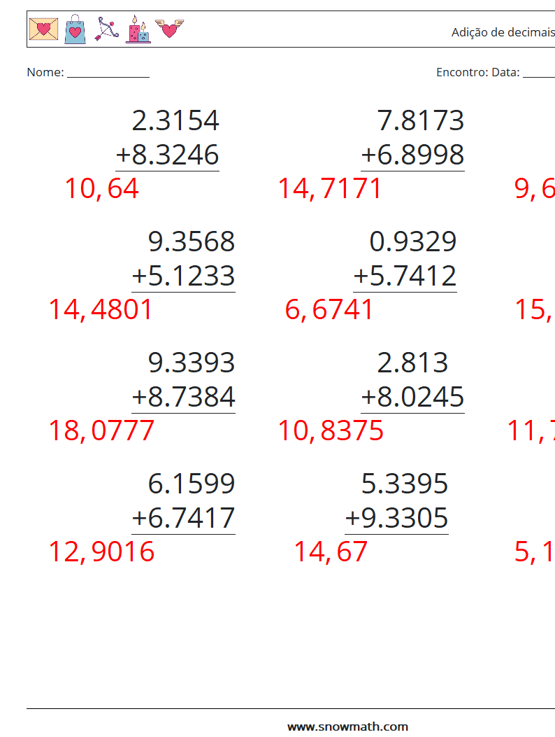 (12) Adição de decimais (4 dígitos) planilhas matemáticas 5 Pergunta, Resposta