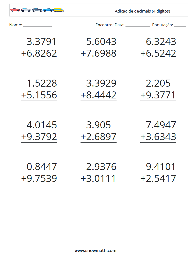 (12) Adição de decimais (4 dígitos) planilhas matemáticas 6