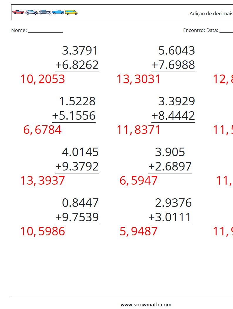 (12) Adição de decimais (4 dígitos) planilhas matemáticas 6 Pergunta, Resposta