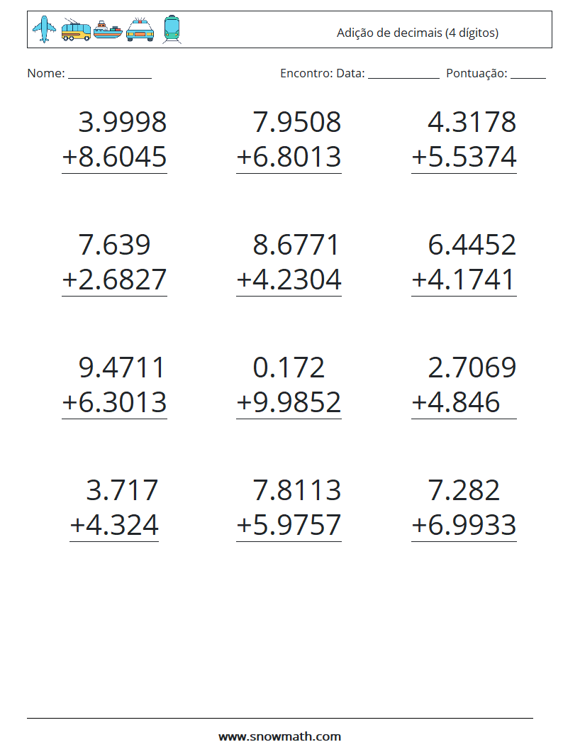 (12) Adição de decimais (4 dígitos) planilhas matemáticas 7