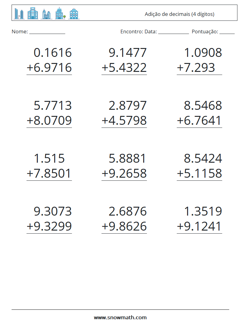 (12) Adição de decimais (4 dígitos) planilhas matemáticas 8