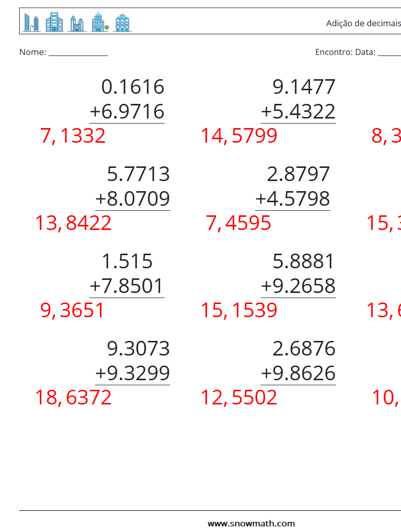 (12) Adição de decimais (4 dígitos) planilhas matemáticas 8 Pergunta, Resposta