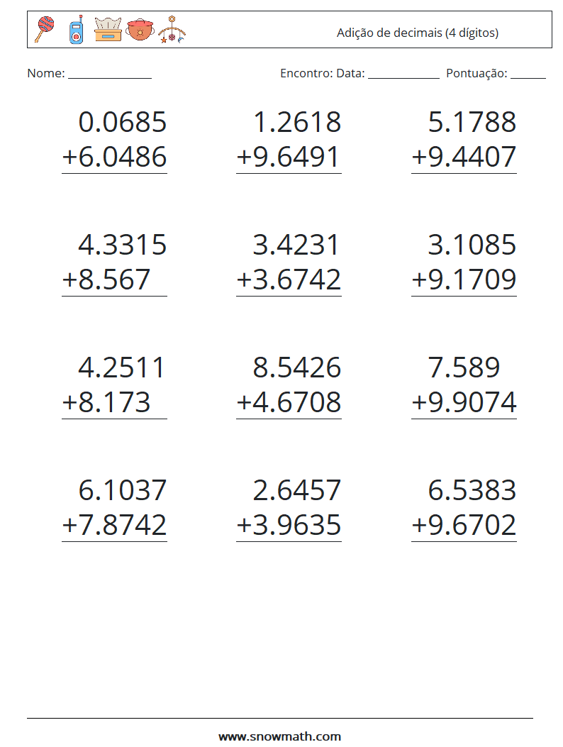 (12) Adição de decimais (4 dígitos) planilhas matemáticas 9