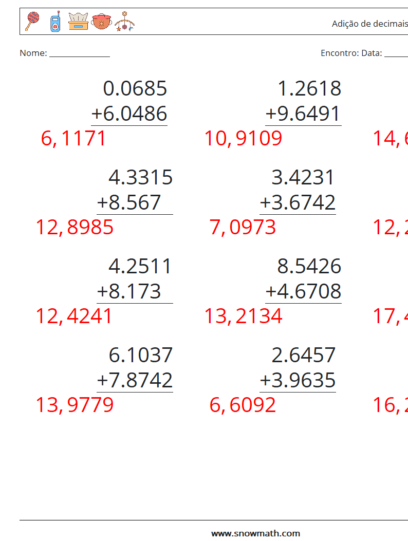 (12) Adição de decimais (4 dígitos) planilhas matemáticas 9 Pergunta, Resposta