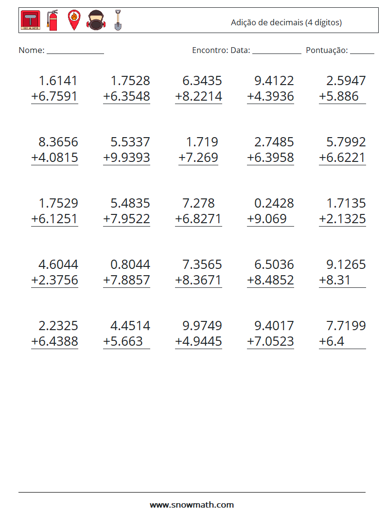 (25) Adição de decimais (4 dígitos) planilhas matemáticas 1