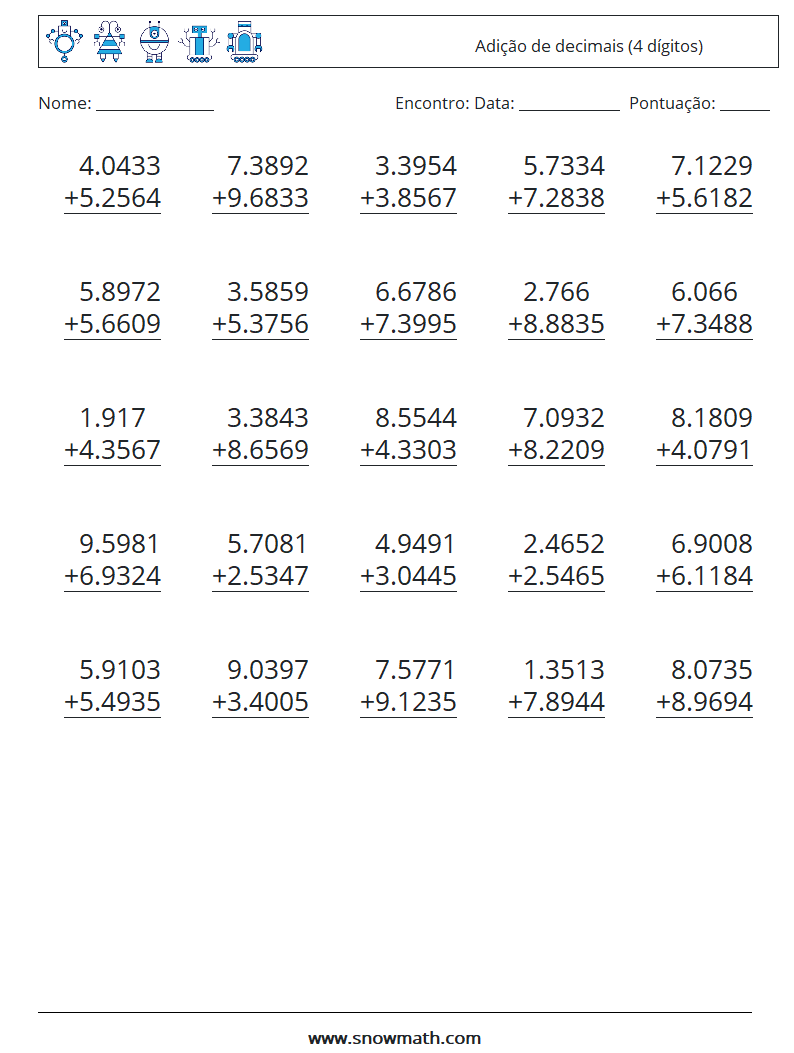 (25) Adição de decimais (4 dígitos) planilhas matemáticas 10