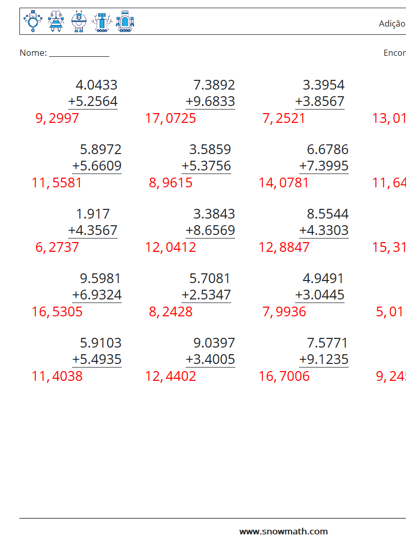 (25) Adição de decimais (4 dígitos) planilhas matemáticas 10 Pergunta, Resposta