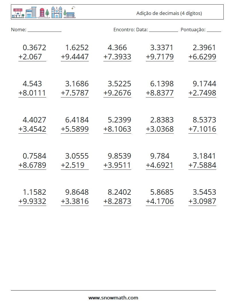 (25) Adição de decimais (4 dígitos) planilhas matemáticas 11