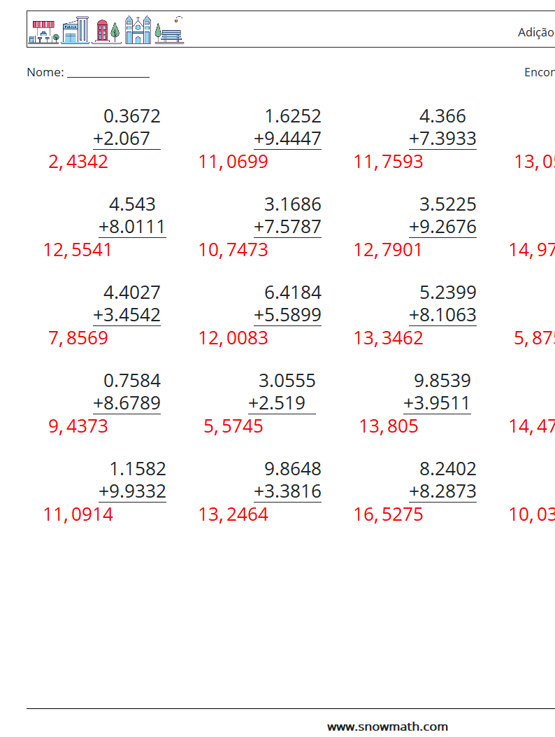 (25) Adição de decimais (4 dígitos) planilhas matemáticas 11 Pergunta, Resposta