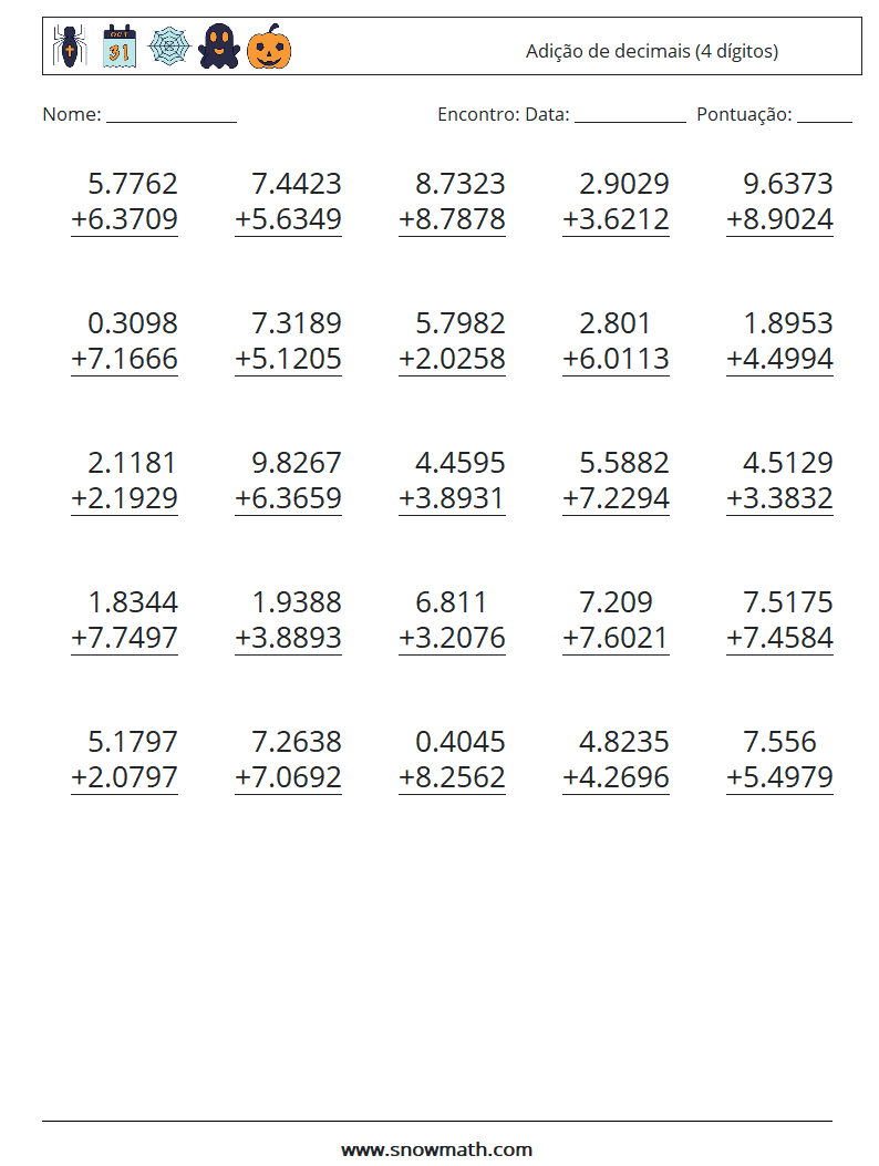 (25) Adição de decimais (4 dígitos) planilhas matemáticas 12