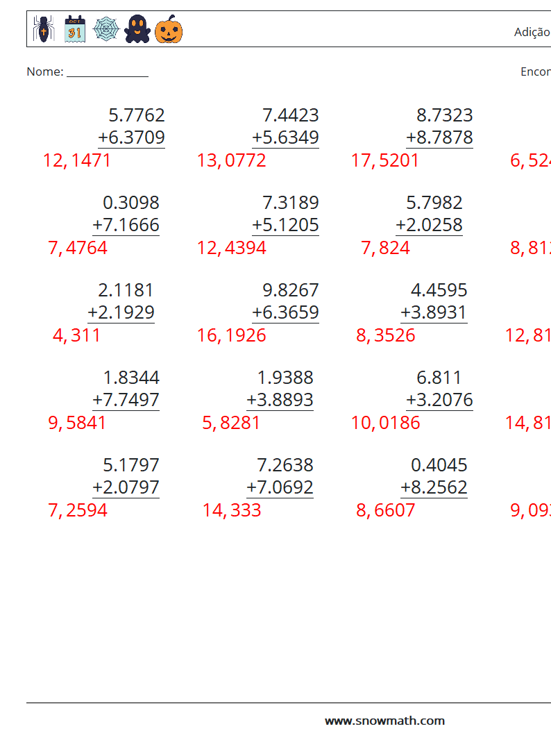 (25) Adição de decimais (4 dígitos) planilhas matemáticas 12 Pergunta, Resposta