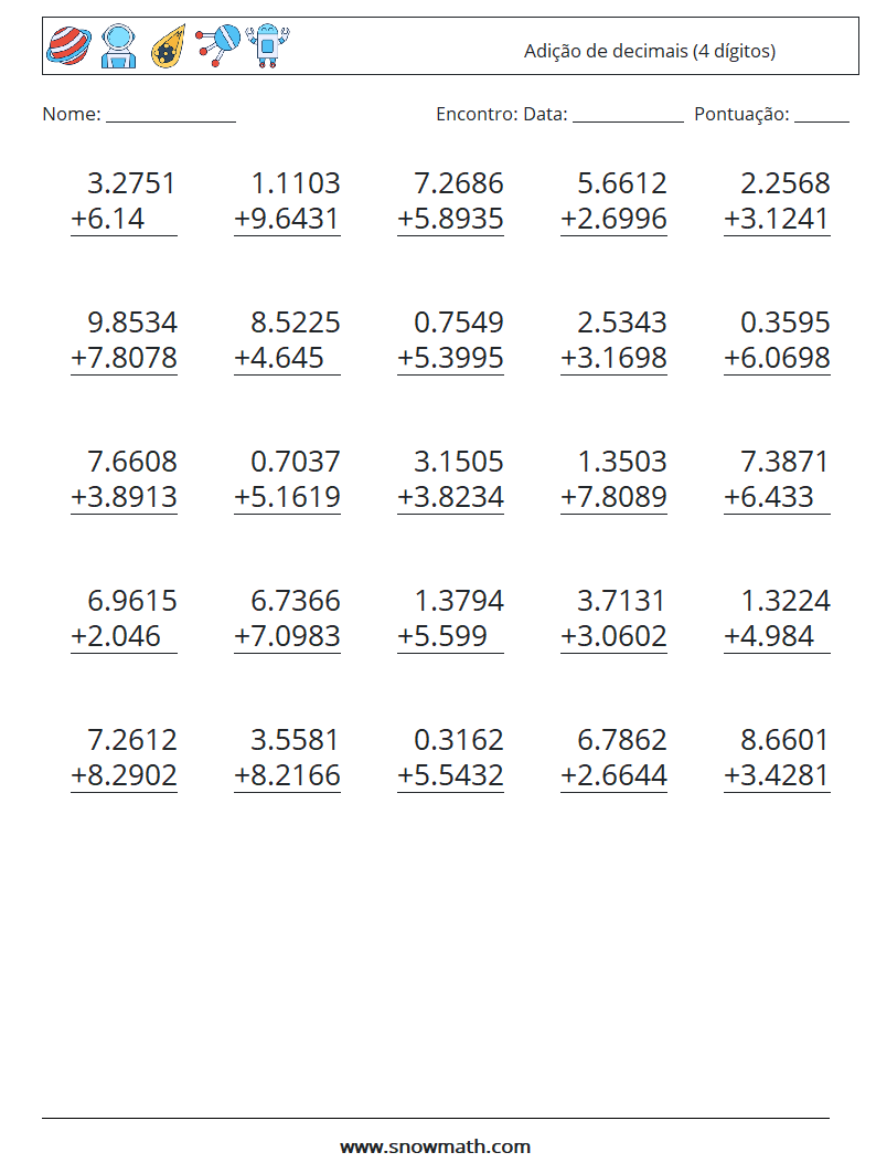 (25) Adição de decimais (4 dígitos) planilhas matemáticas 13