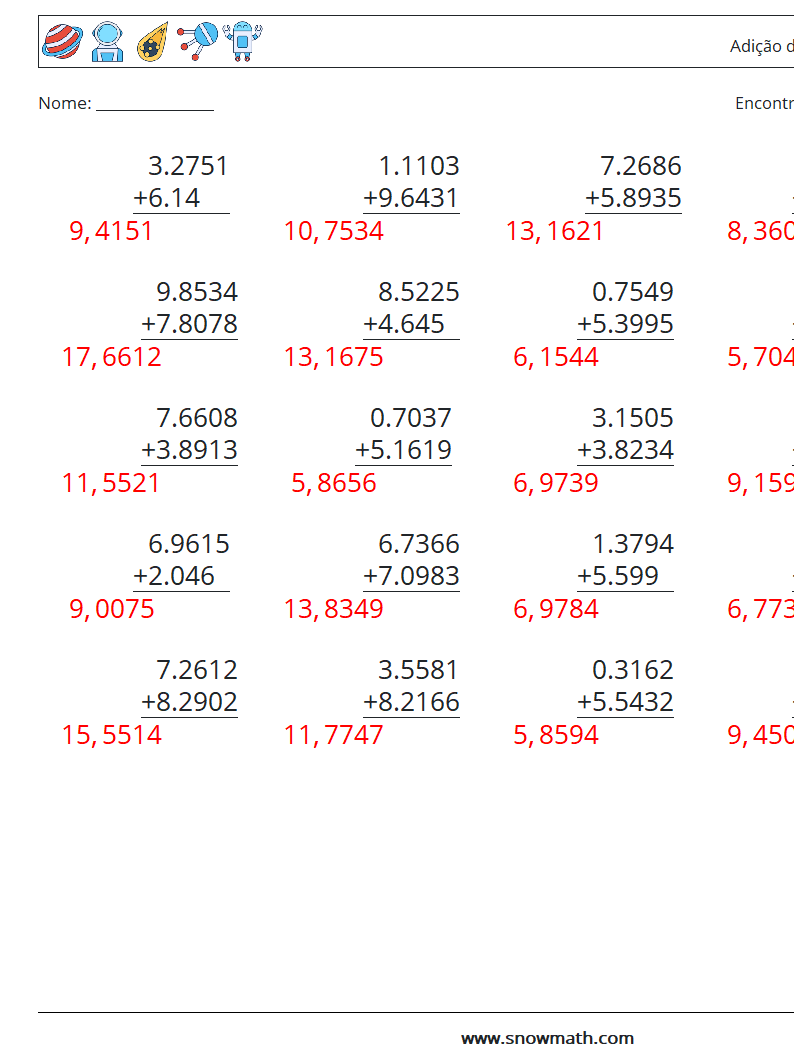 (25) Adição de decimais (4 dígitos) planilhas matemáticas 13 Pergunta, Resposta