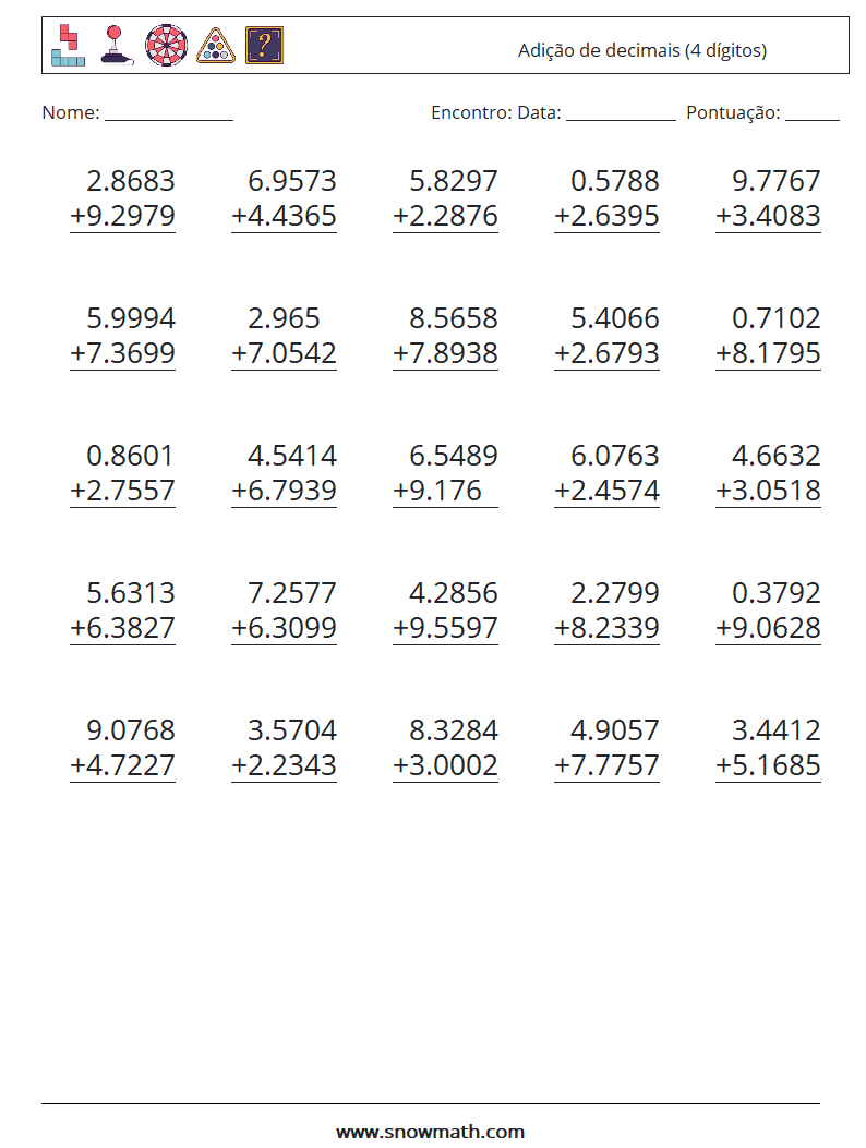 (25) Adição de decimais (4 dígitos) planilhas matemáticas 14