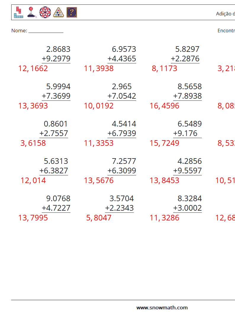 (25) Adição de decimais (4 dígitos) planilhas matemáticas 14 Pergunta, Resposta