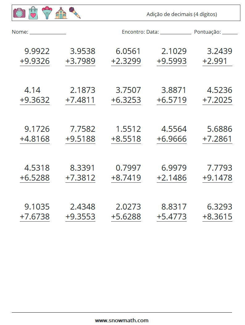 (25) Adição de decimais (4 dígitos) planilhas matemáticas 16