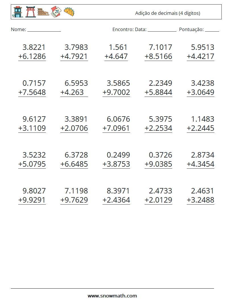 (25) Adição de decimais (4 dígitos) planilhas matemáticas 17