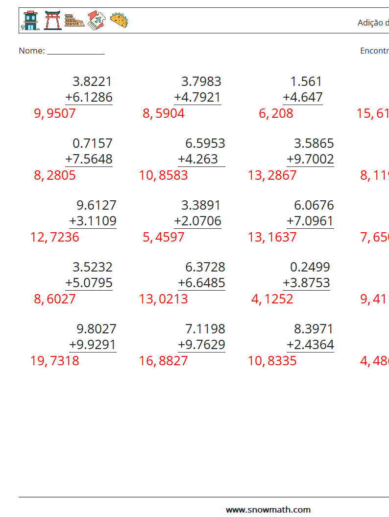 (25) Adição de decimais (4 dígitos) planilhas matemáticas 17 Pergunta, Resposta