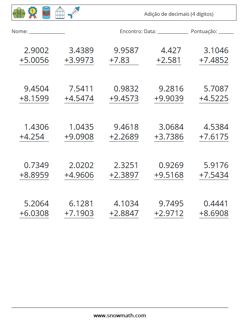 (25) Adição de decimais (4 dígitos) planilhas matemáticas 18