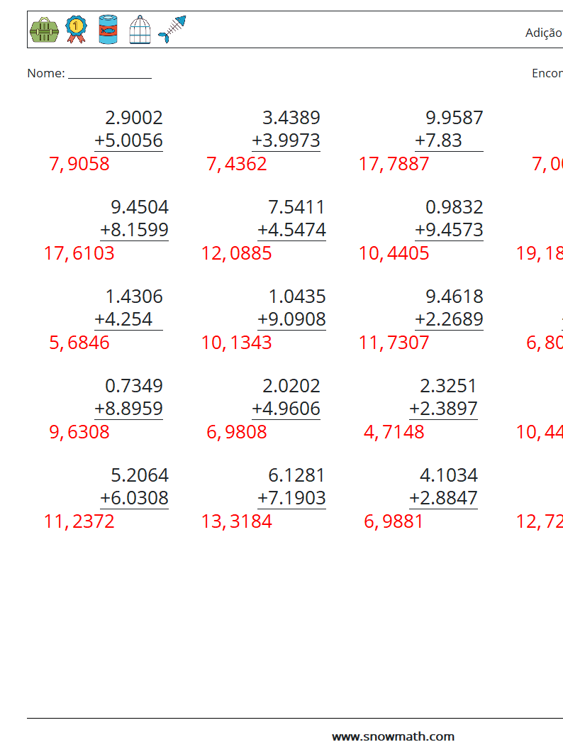 (25) Adição de decimais (4 dígitos) planilhas matemáticas 18 Pergunta, Resposta