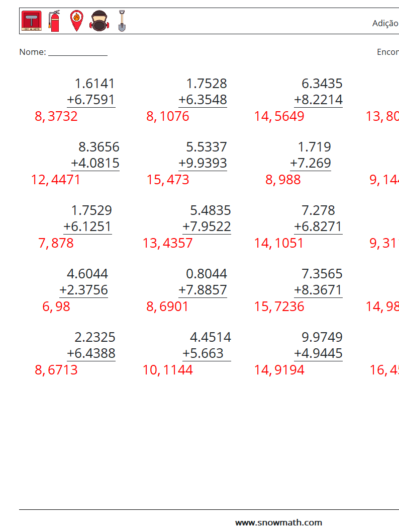 (25) Adição de decimais (4 dígitos) planilhas matemáticas 1 Pergunta, Resposta