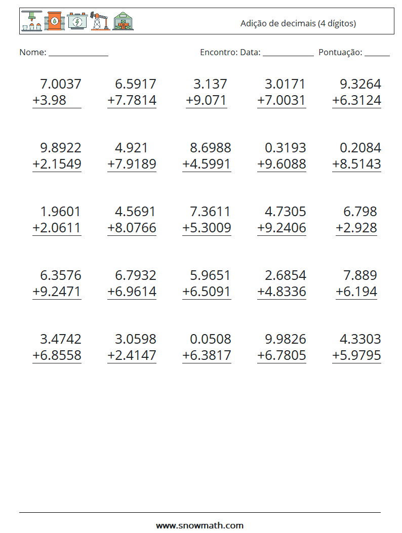 (25) Adição de decimais (4 dígitos) planilhas matemáticas 2