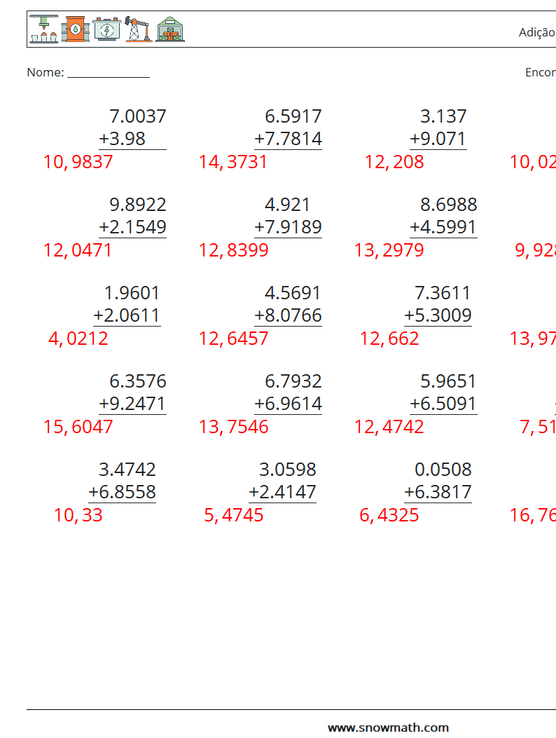 (25) Adição de decimais (4 dígitos) planilhas matemáticas 2 Pergunta, Resposta