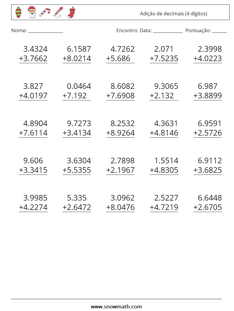 (25) Adição de decimais (4 dígitos) planilhas matemáticas 3