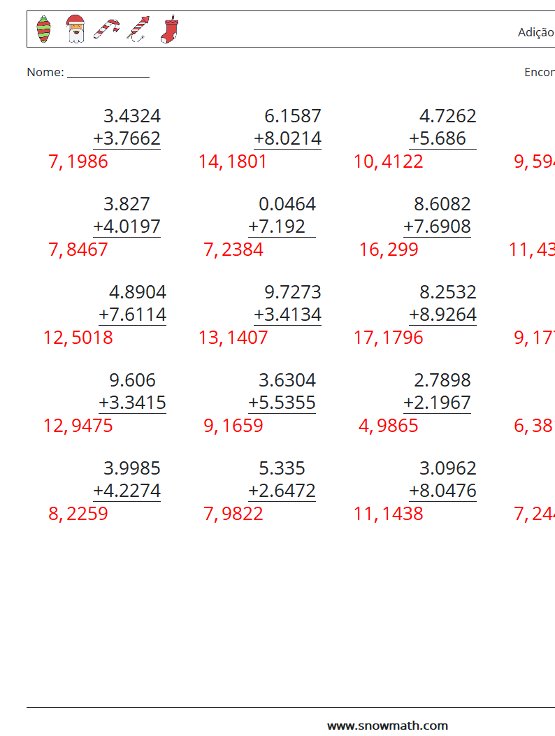 (25) Adição de decimais (4 dígitos) planilhas matemáticas 3 Pergunta, Resposta