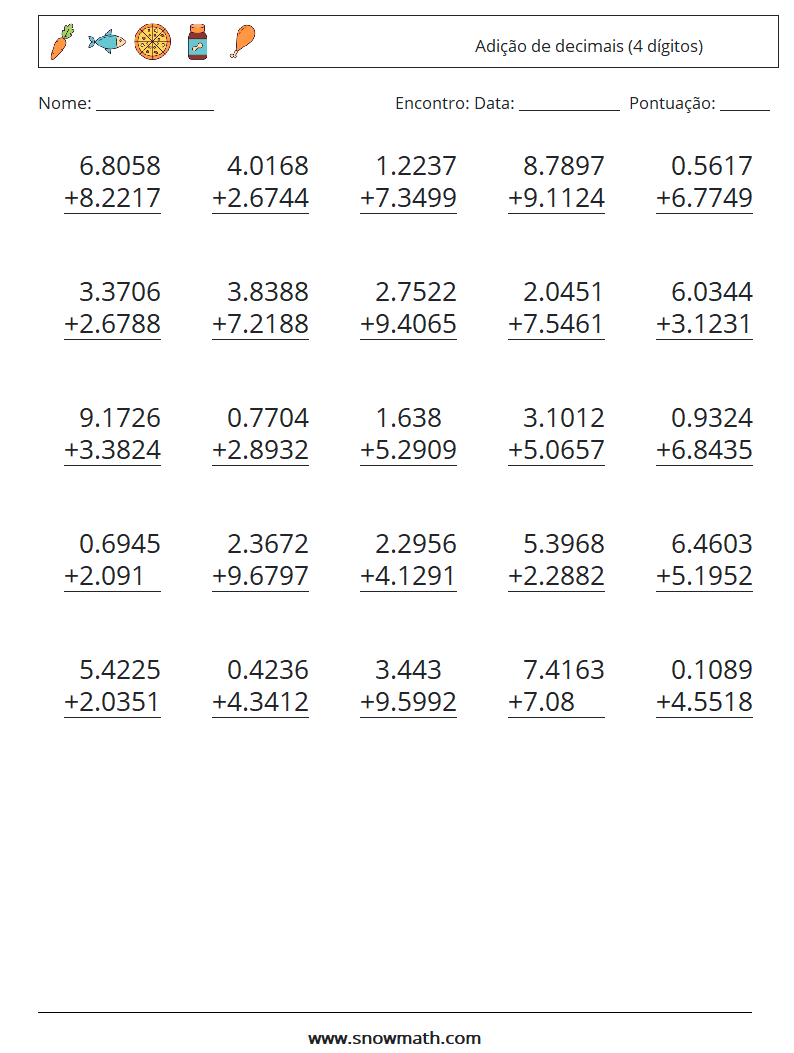 (25) Adição de decimais (4 dígitos) planilhas matemáticas 4