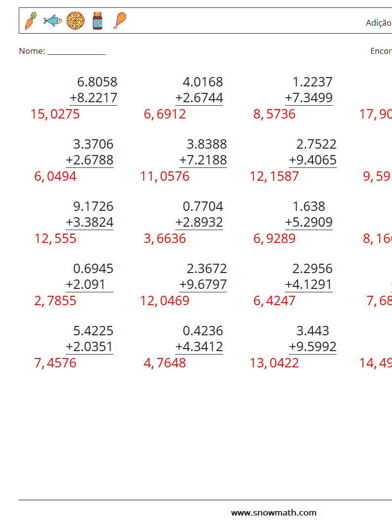 (25) Adição de decimais (4 dígitos) planilhas matemáticas 4 Pergunta, Resposta