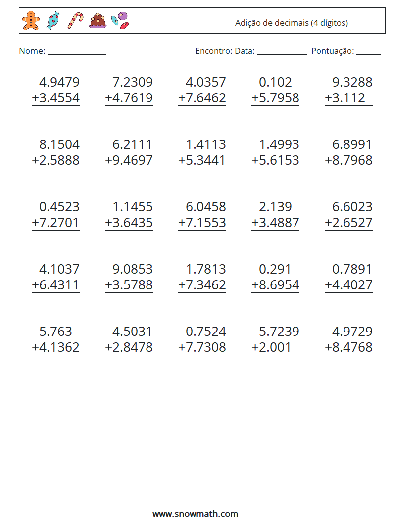 (25) Adição de decimais (4 dígitos) planilhas matemáticas 5