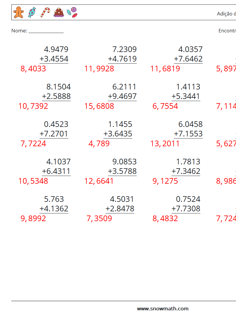 (25) Adição de decimais (4 dígitos) planilhas matemáticas 5 Pergunta, Resposta