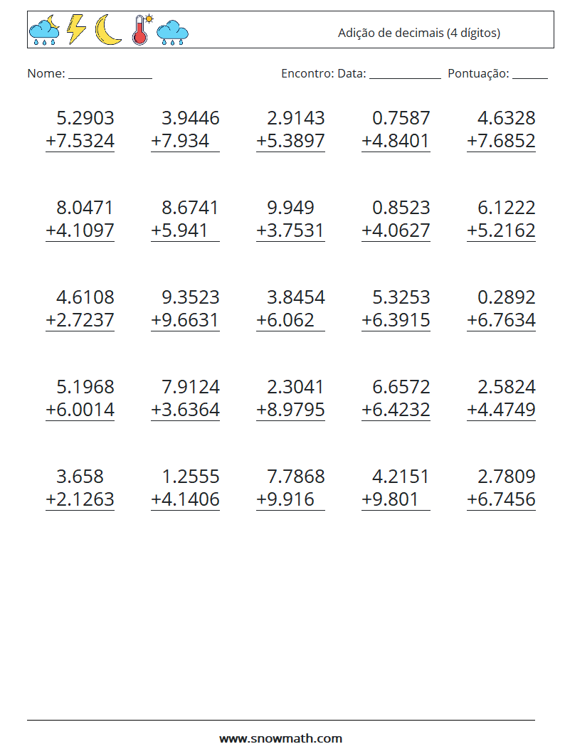 (25) Adição de decimais (4 dígitos) planilhas matemáticas 6