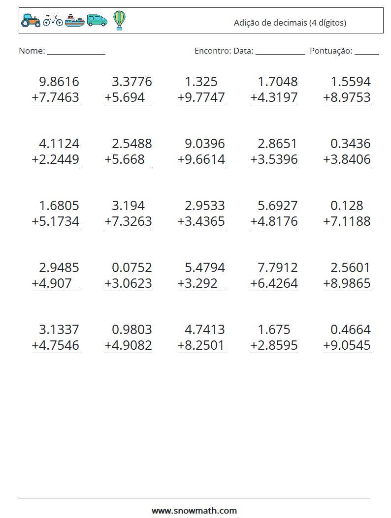 (25) Adição de decimais (4 dígitos) planilhas matemáticas 7