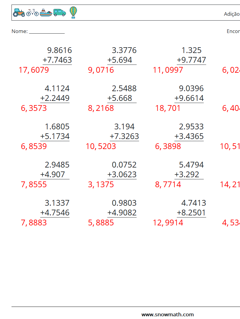 (25) Adição de decimais (4 dígitos) planilhas matemáticas 7 Pergunta, Resposta