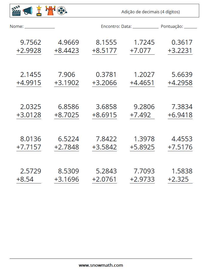 (25) Adição de decimais (4 dígitos) planilhas matemáticas 8