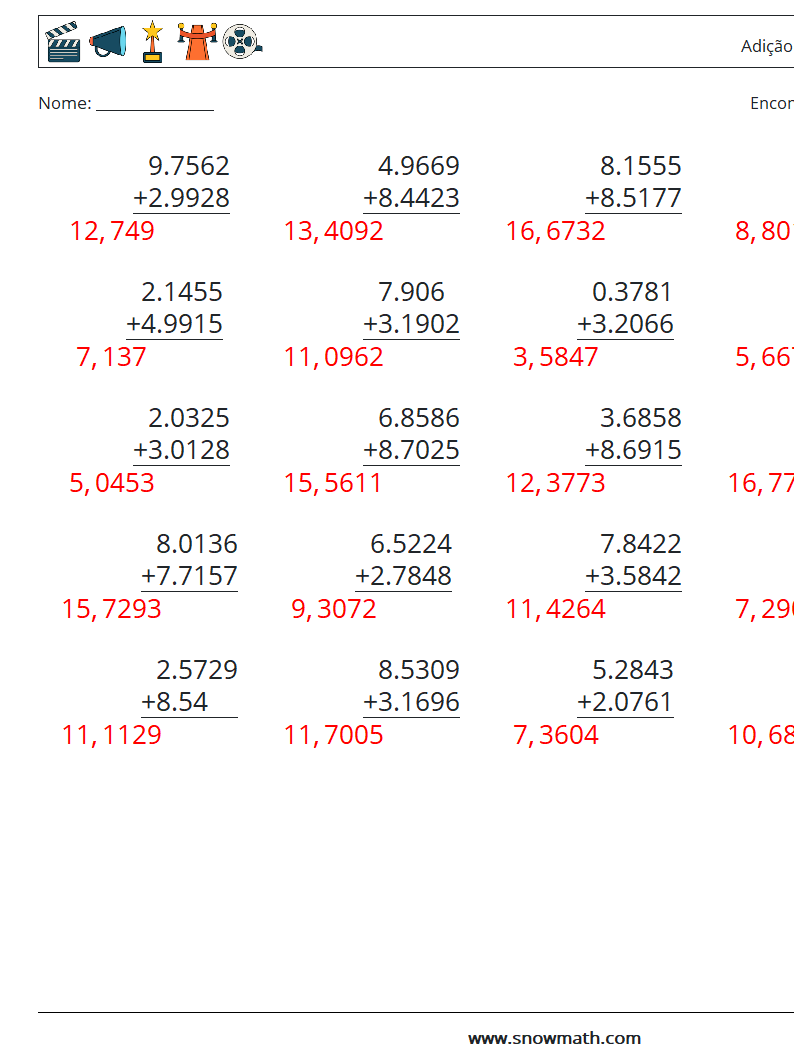 (25) Adição de decimais (4 dígitos) planilhas matemáticas 8 Pergunta, Resposta