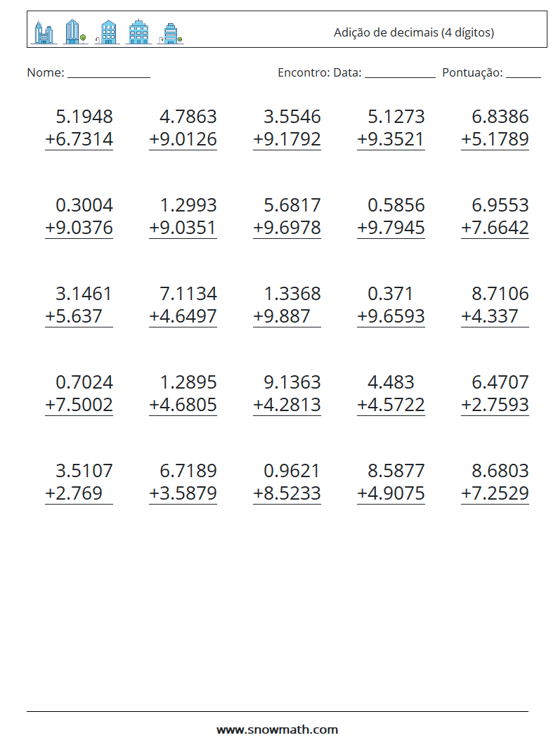 (25) Adição de decimais (4 dígitos) planilhas matemáticas 9