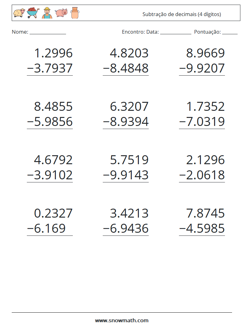 (12) Subtração de decimais (4 dígitos) planilhas matemáticas 1